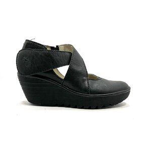 FLY London Yogo Women's Black Leather Mary Jane Platform Wedge EU 36 US 6